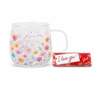 HTUK Juego de taza de cristal y chocolate con leche belga con texto en inglés "I Love You Mum", taza de café y té floral para bebidas calientes + barra de chocolate con leche de avellana de 45 g