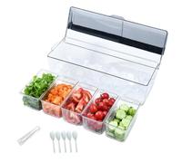 Htuteyy Caja 5 Compartimentos con Tapa para Ensalada de Frutas y Sushi | 5 compartimentos con tapa y bandeja de 48x18x14 cm en PET; conjunto incluye 1 clip y 5 cucharas para servir.