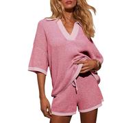 Htuteyy Conjunto de Suéter de Mujer de 2 Piezas, Top de Punto con Cuello en V y Mangas 3/4 Extragrandes, Pantalones Cortos de Cintura Alta, Conjuntos de Estar por Casa. Rosa S