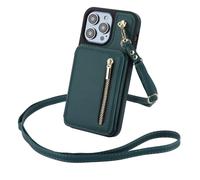 HTXONB Funda de Cuero con Cremallera, Tarjetero, Bandolera, cordón para iPhone 17, 16, 15, 14, 13, 12 Pro MAX, 17 Air, 14, 15, 16 Plus, a Prueba de Golpes, Verde, para iPhone 15 Plus