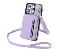 HTXONB Funda de Cuero con Cremallera, Tarjetero, Bandolera, cordón para iPhone 17, 16, 15, 14, 13, 12 Pro MAX, 17 Air, 14, 15, 16 Plus, antigolpes, Color Morado Claro, para iPhone 14 Pro MAX