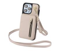 HTXONB Funda de Cuero con Cremallera, Tarjetero, Bandolera, cordón para iPhone 17, 16, 15, 14, 13, 12 Pro MAX, 17 Air, 14, 15, 16 Plus, antigolpes, Color Albaricoque, para iPhone 14 Plus