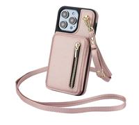 HTXONB Funda de Cuero con Cremallera, Tarjetero, Bandolera, cordón para iPhone 17, 16, 15, 14, 13, 12 Pro MAX, 17 Air, 14, 15, 16 Plus, a Prueba de Golpes, Color Oro Rosa, para iPhone 16