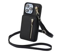 HTXONB Funda de Cuero con Cremallera, Tarjetero, Bandolera, cordón para iPhone 17, 16, 15, 14, 13, 12 Pro MAX, 17 Air, 14, 15, 16 Plus, a Prueba de Golpes, Color Negro, para iPhone 14 Pro