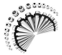 Huacan Juego de 36 dilatadores de oreja de acero inoxidable, color negro y plateado, color arcoíris, piercing punk 14G-00G, 14G to 00G (1.6mm to 10mm), Acero inoxidable, goma, acero