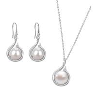 Huacan Juego de joyas para mujer, plata de ley 925, pendientes con perlas, collar de perlas cultivadas de agua dulce, juego de joyas CZ regalos para novia, dama de honor, boda, Plata