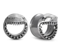 Huacan Túnel de 6 mm, 8 mm, 10 mm, juego de túneles plateados y negros, diseño de tiburón, acero inoxidable, dilatador clásico doble para mujeres, hombres, 2 unidades, 16mm