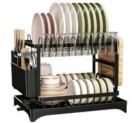 HuaCommerce Escurreplatos de acero inoxidable de 2 niveles con caño giratorio de 360° y bandeja de goteo. Práctico secador de platos con soporte para utensilios, ahorra espacio para la cocina