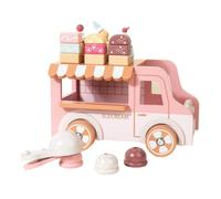 HuadaXtai Carrito de Postres de Madera Juguete Camión Infantil Vehículo de Juego Cuerda para Tirar Bola de Madera Toldo a Rayas Helados Impresos Adecuado para