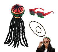 HUAEDNWKYI Disfraz de Rastafari Jamaica | con Gorro de Peluca Trenzada Negra, Anteojos, Pulsera y Collar | Accesorios para Fiestas, Cosplay y Carnaval