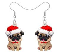 HUAGEO Pendientes de acrílico con diseño de sombrero de Navidad con diseño de perro carlino y cachorro, para mujeres, amantes de los perros, festivales, regalos divertidos, Medium, Acrílico, Sin