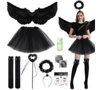 Huahuanghui Conjunto de disfraz de ángel para mujer, alas de ángel con halo y varita mágica, falda de tul, disfraz de alas y diablo para mujer, para Halloween, carnaval, cosplay, fiesta