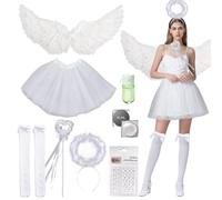 Huahuanghui Disfraz de ángel para mujer: alas de ángel con halo y varita mágica, falda de tul, alas y demonio para Halloween, carnaval, cosplay, fiesta de disfraces.