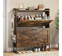 HUAHUU Zapatero con 2 cajones abatibles, estantes ajustables, organizador independiente con patas de metal para entrada, zapatero estrecho, marrón rústico