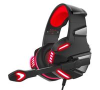 Huairdum Auriculares para Juegos con Cable con Controladores de 50 Mm, Doble 3,5 Mm/USB para PC, Micrófono Ajustable, Auriculares de Cuero Proteico (Negro Rojo)