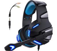 Huairdum Auriculares para Juegos con Cable con Controladores de 50 Mm, Doble 3,5 Mm/USB para PC, Micrófono Ajustable, Auriculares de Cuero Proteico (Azul Negro)