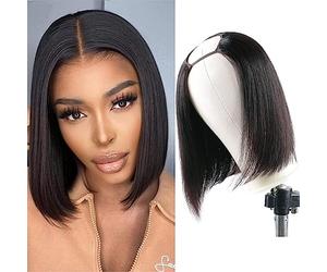 Huairisi 10 Inch Straight Bob Wigs for Women None Lace Short U Part Wig Human Hair Shoulder Length Glueless Brazilian Virgin Hair Natural Color Can Be Retyled