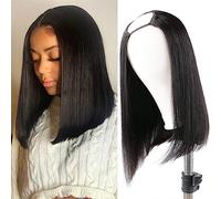 Huairisi 14 Inch Short Bob Wigs Human Hair No Lace U Part Wigs Straight for Women Glueless Brazilian Virgin Hair 150 Density Natural Colour