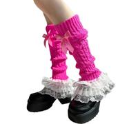 HUAJINGKEJI Fairycore - Calentadores de piernas de punto trenzado para mujeres y niñas, con volantes y encaje, calcetines sin pies con acento de lazos, Rosa Roja, XXS-3XL