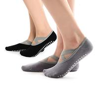 Hually Calcetines Pilates Yoga, 2 Pares Calcetines Antideslizantes Mujer, con Asas y Correas, Barra, Ballet,Fitness Antideslizantes Calcetines(Negro/Gris)