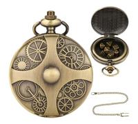 Huamengyuan Caja de reloj de bolsillo de bronce con engranaje, cadena de cintura larga y cubo de bronce, caja de bronce antiguo, marrón, 9.00*5.00*3.00CM