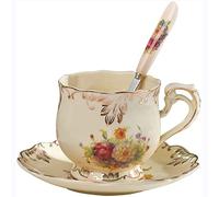 HUAMu Juego de tazas y platillos de cerámica con borde de hoja de oro, 220 ml, diseño vintage inglés