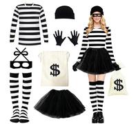 HuaMuDM Disfraces Ladrón de Banco, Disfraz Ladrona Mujer, Set de Disfraz Ladron Adulto, Con Sombrero, Máscara, Camisa,Faldas, Guantes, Cartera, Medias Hasta la Rodilla (XL)