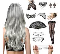 HuaMuDM Peluca Halloween Mujer, Peluca Gris Plateada Rizada 70cm, Set de Peluca y Accesorios de Halloween para Mujer