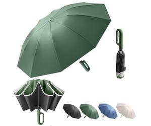 Huang Jia Paraguas plegables automáticos paraguas invertido de doble capa antiviento paraguas para el sol resistente hombre mujer grande mosquetón (Verde)