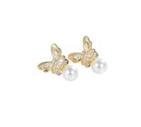 HUANGBONIG Pendientes de perlas de mariposa y circonita para mujer, plata pura, joyería de temperamento de aguja -FE03601B