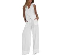 HUANGJB Conjunto de 2 piezas para mujer, cuello en V, sin mangas, chaleco con botones, pantalones de pierna ancha, traje blazer de verano de lino a juego, blanco, S