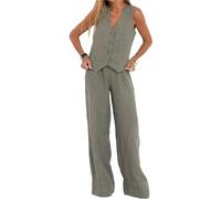 HUANGJB Conjunto de 2 piezas para mujer, cuello en V, sin mangas, chaleco con botones, pantalones de pierna ancha, traje blazer de verano de lino a juego, gris, L