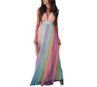 HuanHaoYu Elegante mujer vestidos largos con cuello en V profundo vestidos de verano coloridos espaguetis maxi vestidos único vestido de tul