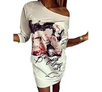 HuanHaoYu Vestido de mujer con estampado floral, elegante, hombros descubiertos, suave, con mangas 3/4, único, cómodo, clásico, vestido de camisa