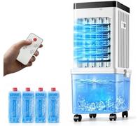 HUANQIN Ventilador Frío Portátil con Depósito de Agua 12L, Enfriador de Aire Evaporativo, Oscilación 70°, Temporizador 7,5H, 3 Velocidades, Bolsas de Hielo Incluidas, E
