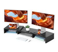 HUANUO Elevador Monitor Doble, Soporte Monitor Ajust con 2 Ranuras, Soporte Organizador Escritorio 2 Monitores, Elevador Monitor de Madera Estante Multiusos Escritorio Orden, Port, PC, Negro