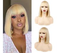 Huarisi 10 Inch Blonde Bob Human Hair Wigs with Bangs 613 Short Straight Bob Wig None Lace 9a Brazilian Hair for Women 150 Density Breathable
