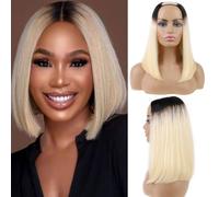 Huarisi 10 Inch Upart Bob Wig Human Hair 1B/613 Short Ombre Wigs None Lace for Women Real Hair Black Roots to Bleach Blonde Leave Out Natural