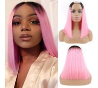 Huarisi 1b and Pink Short Bob Wigs Human Hair U Part None Lace 12 inch 10a Straight Remy Ombre Pink Wig for Women Leave Out Brazilian Hair Look Natural