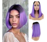 Huarisi 1b to Purple Wigs U Part Human Hair 10 Inch 8a Short Straight Ombre Bob Style No Tangle None Lace U Shape Ombre Wig for Women Look Natural