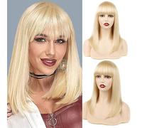 Huarisi 613 Bob Wig Human Hair with Bangs for Women Blonde None Lace 14inch | 10a Blunt Cut Look Natural Blonde Bob Human Hair Wigs with Fringe for Daily Wear 100% Unprocessed Brazilian Virgin Hair