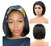 Huarisi 8 inch Short Bob Headband Wigs Human Hair Straight Blunt Cut Brazilian Hair Wigs No Lace without Bangs Natural Color 150 Density Can be Restyled for Women