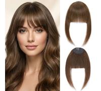 Huarisi Clip in Fringe Human Hair Light Brown Bangs Hairpieces for Women 9g | #6 Clips in Bangs Human Hair Extensions Face Framing Clip on Neat Fringe with Temples for Daily Wear
