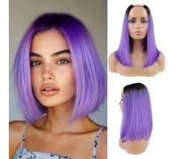 Huarisi Ombre U Part Bob Wigs Human Hair 12 Inch Short Straight Purple Wig Real Hair for Black Women with Black to Purple Colour Leave Out