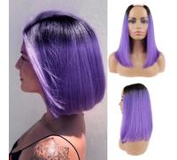 Huarisi Purple Bob U Part Wigs 14 inch Grade 8a Straight Human Hair Bob Purple Wigs for Women with Clips None Lace Ombre Upart Wig Look Natural