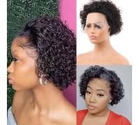 Huarisi Short Pixie Cut Curly Wigs for Black Women Human Hair 6 Inch 13x1 Transparent Lace Front Wig Remy Brazilian Hair Natural Color No Bangs Bouncy Curls