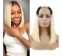 Huarisi Short U Part Bob Wigs Ombre for Women 12 Inch 1B613 Human Hair Wig None Lace U Shape Black Roots to Bleach Blonde Blend Natural