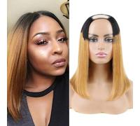 Huarisi U Part Wigs Real Hair #1B/30 14 inch Ombre Brown Human Hair Short Bob Wigs for Women Black and Auburn Brown Glueless Look Natural