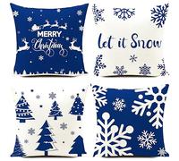 HUASHUZI Juego de 4 fundas de cojín de Navidad, color azul y blanco, decoración navideña para fiestas, hogar, sofá, cama, sala de estar, oficina, 40 x 40 cm