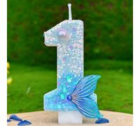 HUATEEN Velas Numéricas Tema Sirena con Brillo,Número 1 Velas de Cumpleaños de Cola de Sirena Azules Metalizadas y Plateadas Topper con Números para Tartas de Cumpleaños & Cupcakes (Adultos/Niños)